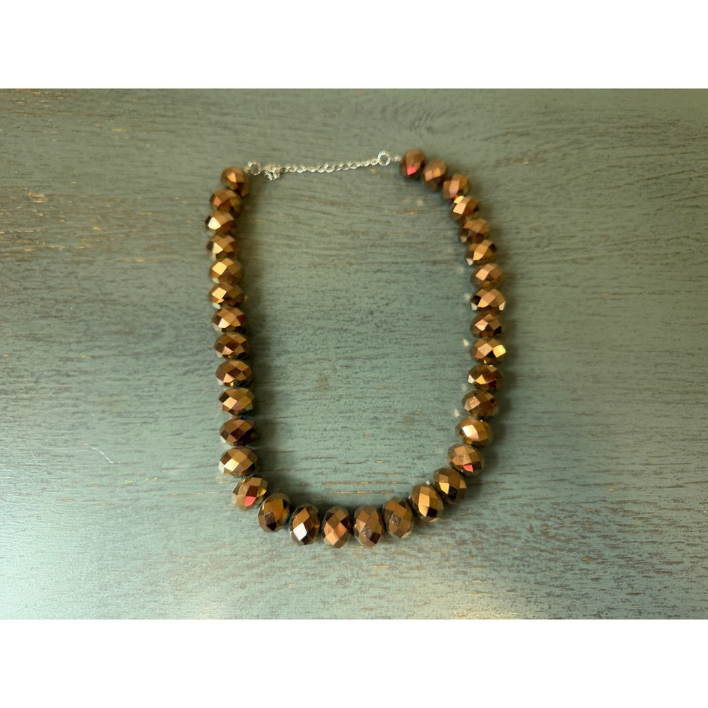 Bronze Faceted Bead Necklace Metallic Copper Tone Adjustable Chain 20 Inch